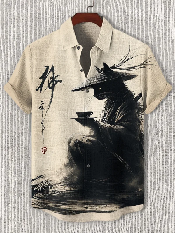 Men's Black Cat Samurai Drinking Tea Ink Art Print Short Sleeve Shirt