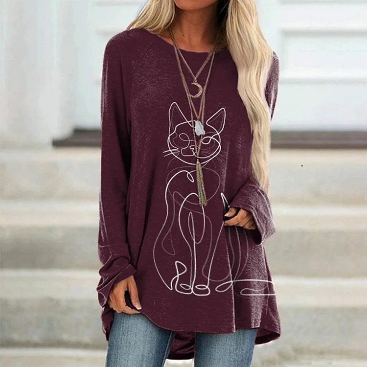 Vefave Casual Line Cat Print Long Sleeve Tunic