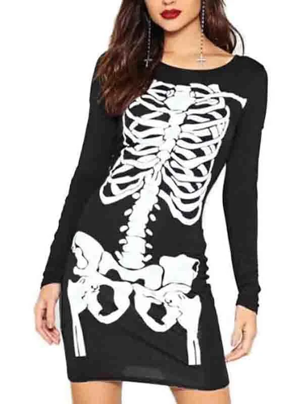 Halloween Long Sleeve Skeleton Mini Dress-elleschic