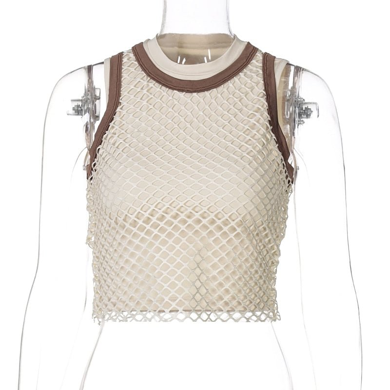 Dulzura Patchwork Fishnet Women Crop Top Tanks Bodycon Sexy Streetwear Casual Fashion Festival 2021 Summer Clothes Cute