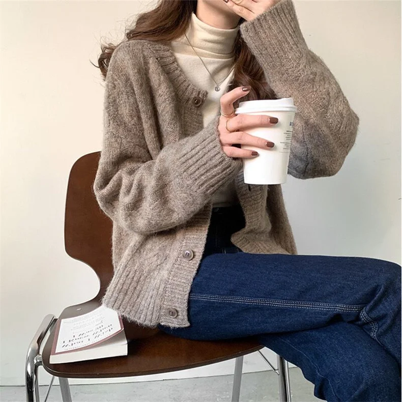 SOLID COLOR LAZY KNIT CARDIGAN SWEATER