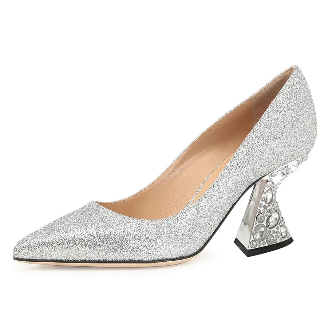 Silver Glittery Pumps with Colorful Rhinestone Embellished Heels 