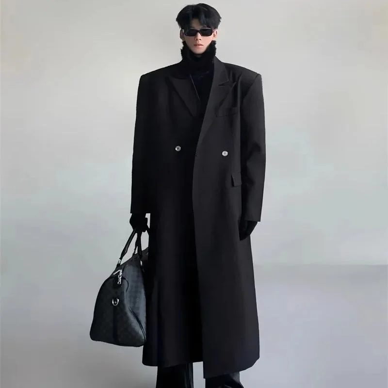 Aonga Spring Autumn Extra Long Black Flowy Trench Coat Men Shoulder Pads Double Breasted Loose Casual Korean Fashion 2025 aonga