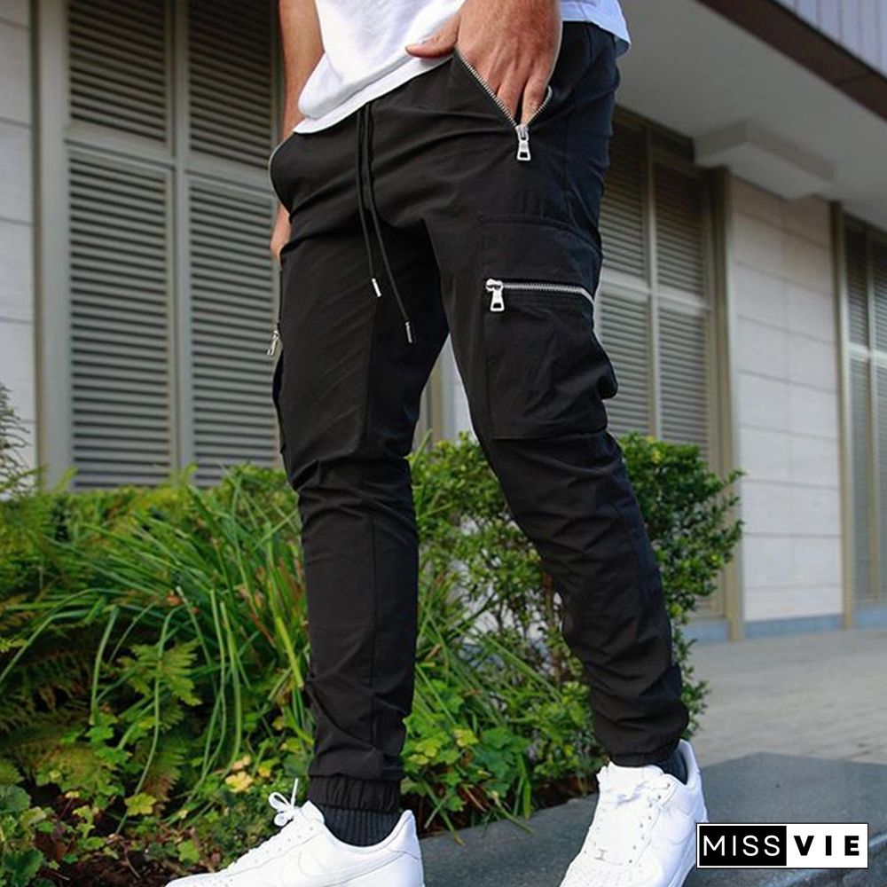 Sports And Leisure Zipper Multi-Pocket Trousers Men's Fitness Running Training Pants
