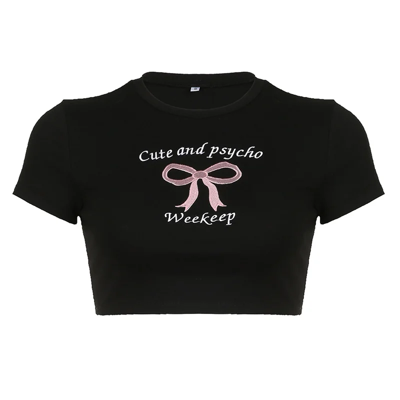 Ueong Girl Hit The Color Bow Embroidered Slim Short-Sleeved Blouse Ultra-Short Sweet Navel Sexy T-Shirt Girl