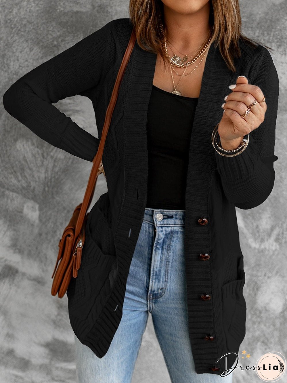 Cozy Black Knit Cardigan with Button-Up Front and Pockets