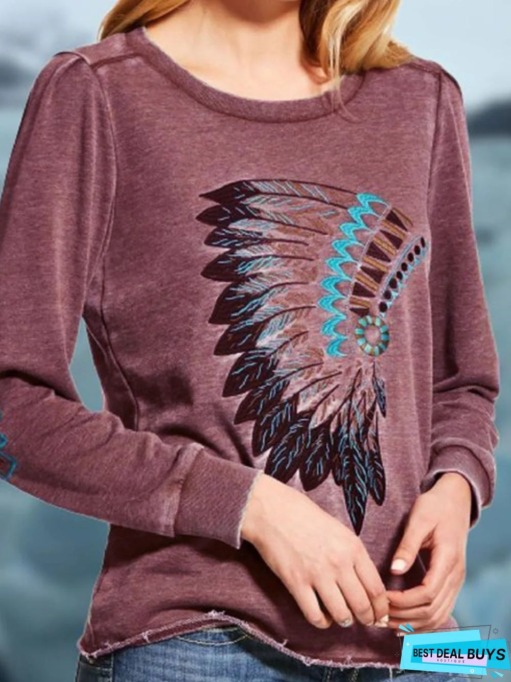 Round Neck Cotton-Blend Long Sleeve Color-Block Shirts & Tops