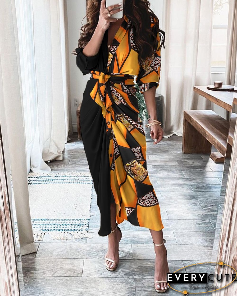 Graphic Print Long Sleeve Strap Slit Shirt Dress