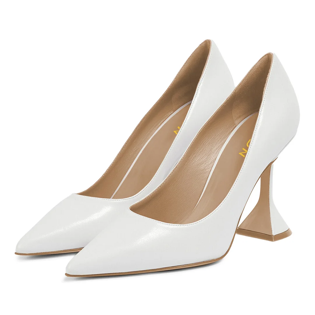 Women's Ivory Pointed Toe Vegan Leather Flared Heel Elegant Pumps