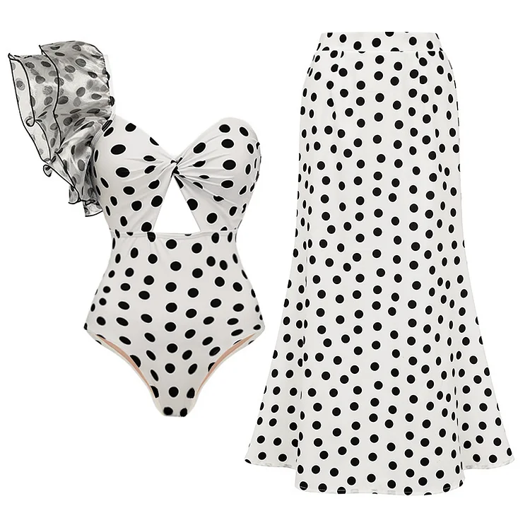 One Shoulder Ruffle Dot Printed Cut Out One Piece Swimsuit and Skirt Flaxmaker