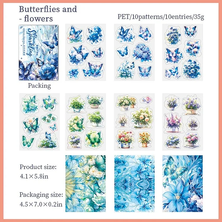 Journalsay 10 Sheets Sparkling Flowers Series Vintage Butterfly PET Sticker