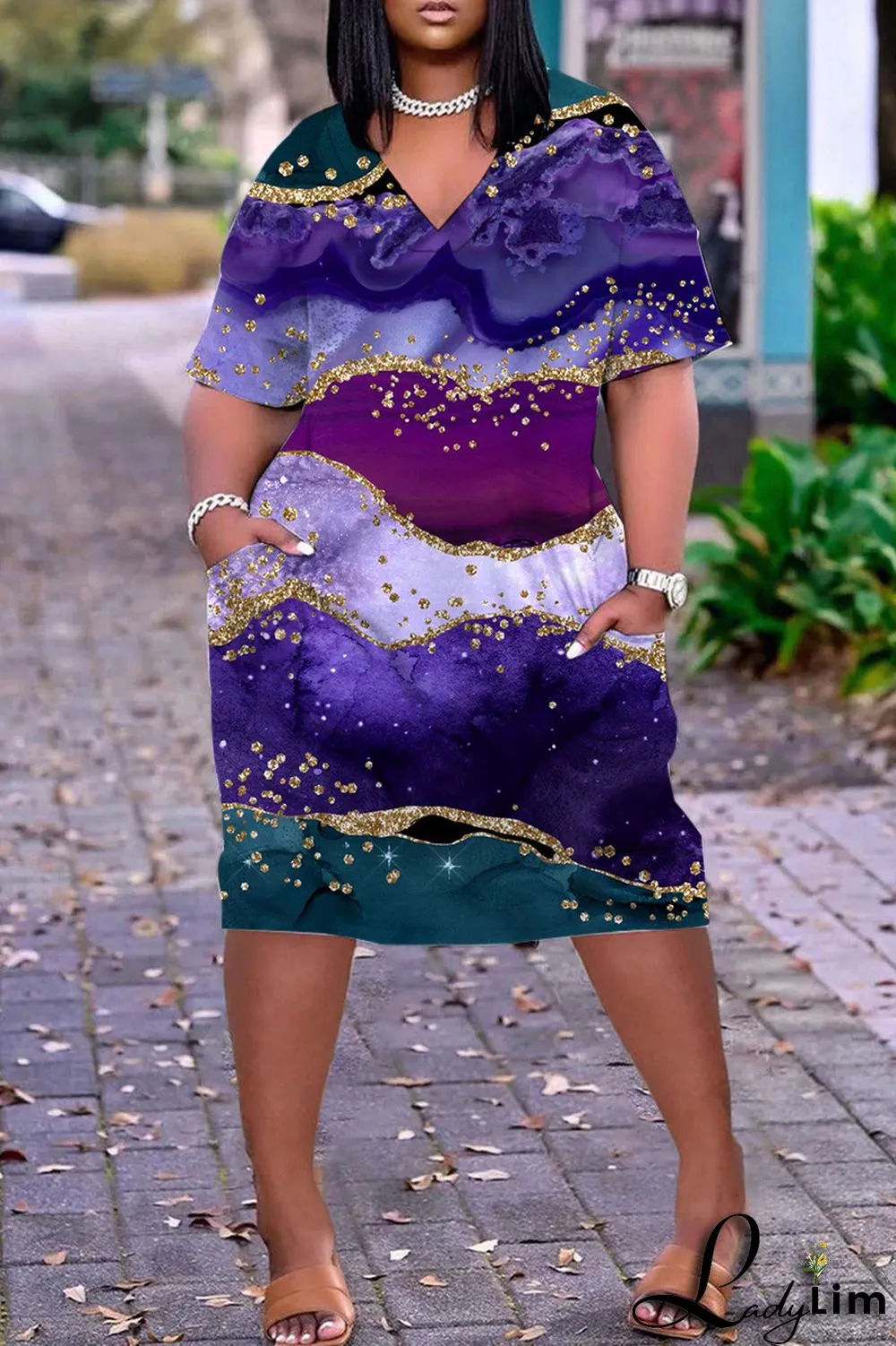 Light Blue Casual Print Basic V Neck Short Sleeve Dress Dresses