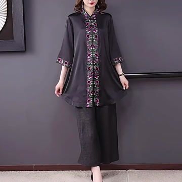 Style Black Stand Collar Print Top And Crop Pants Two Piece Set Summer