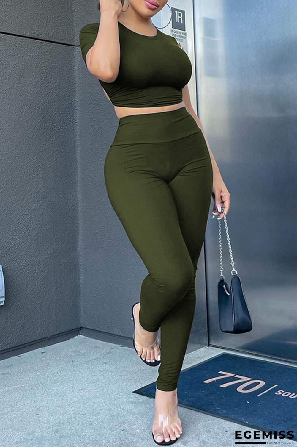 Army Green Sportswear Solid Patchwork O Neck Short Sleeve Two Pieces | EGEMISS