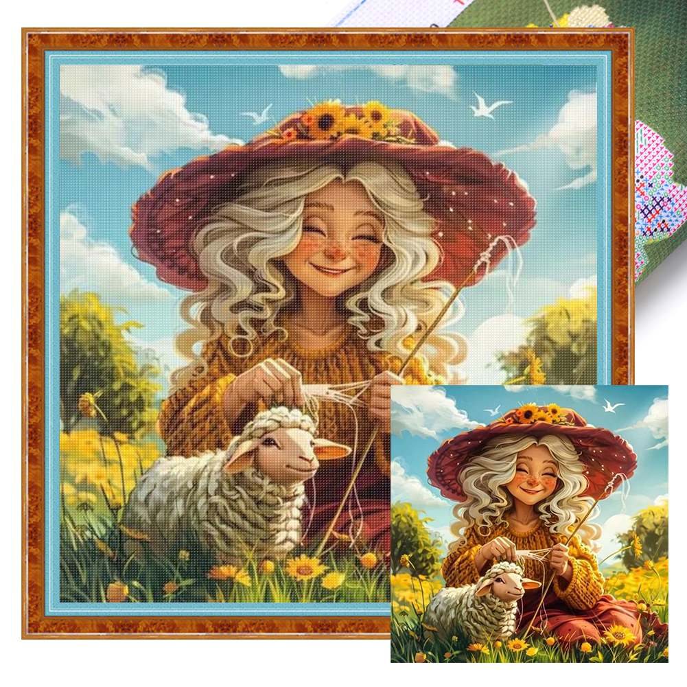 Old Lady and Sheep Full 16CT Pre-stamped Canvas(45*45cm) Cross Stitch