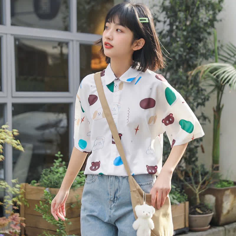 Cartoon Bear Print Lapel Casual T-Shirt