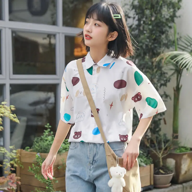 Cartoon Bear Print Lapel Casual T-Shirt
