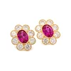 14K Yellow Gold Oval Pink Sapphire & Round Lab Diamond Flower Millegrain Bezel Stud Earrings