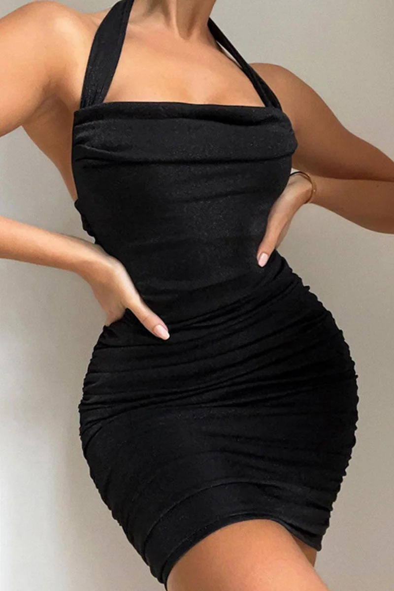 Sexy Solid Split Joint Backless Fold Halter One Step Skirt Dresses
