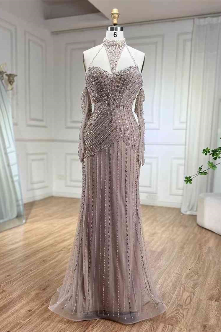 Bellasprom Nude High Neck Sleeveless Mermaid Prom Dress Long With Beadings Bellasprom