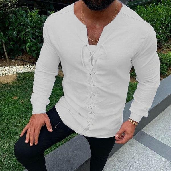 Lace-up Men Pirate Landlord Knight Tunic Casual Shirt Linen | EGEMISS