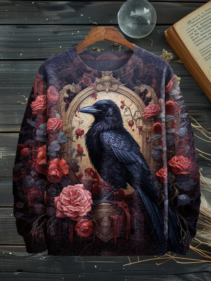 Men's Dark Raven Floral Halloween Print Casual Sweatshirt