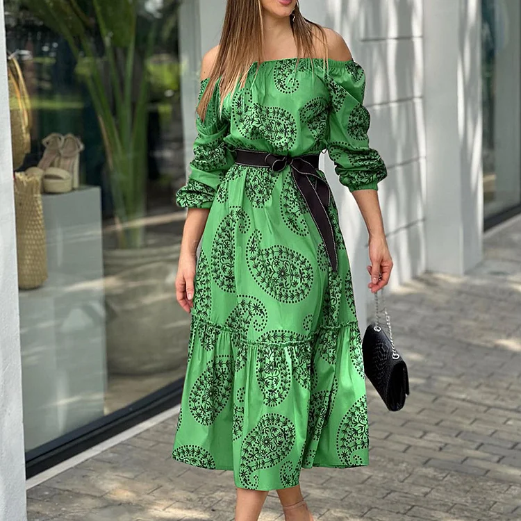 Comstylish Fashion Print One Shoulder Swing Midi Dress