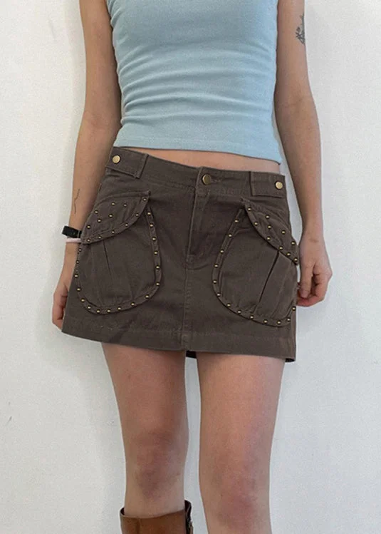 Modern Coffee Rivet Pockets Patchwork Skirt Summer