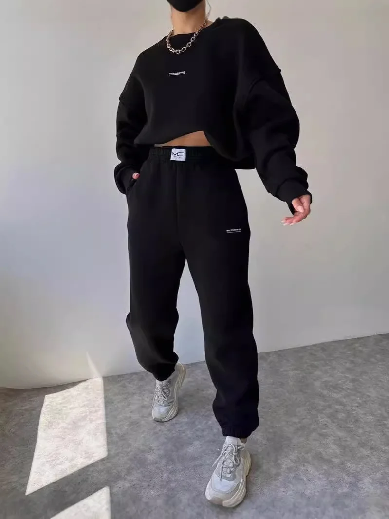 Churchf Churchf New Suit Of Long Sleeve Round Collar Casual Hoodie Elastic Sweatpants Two-Piece Set