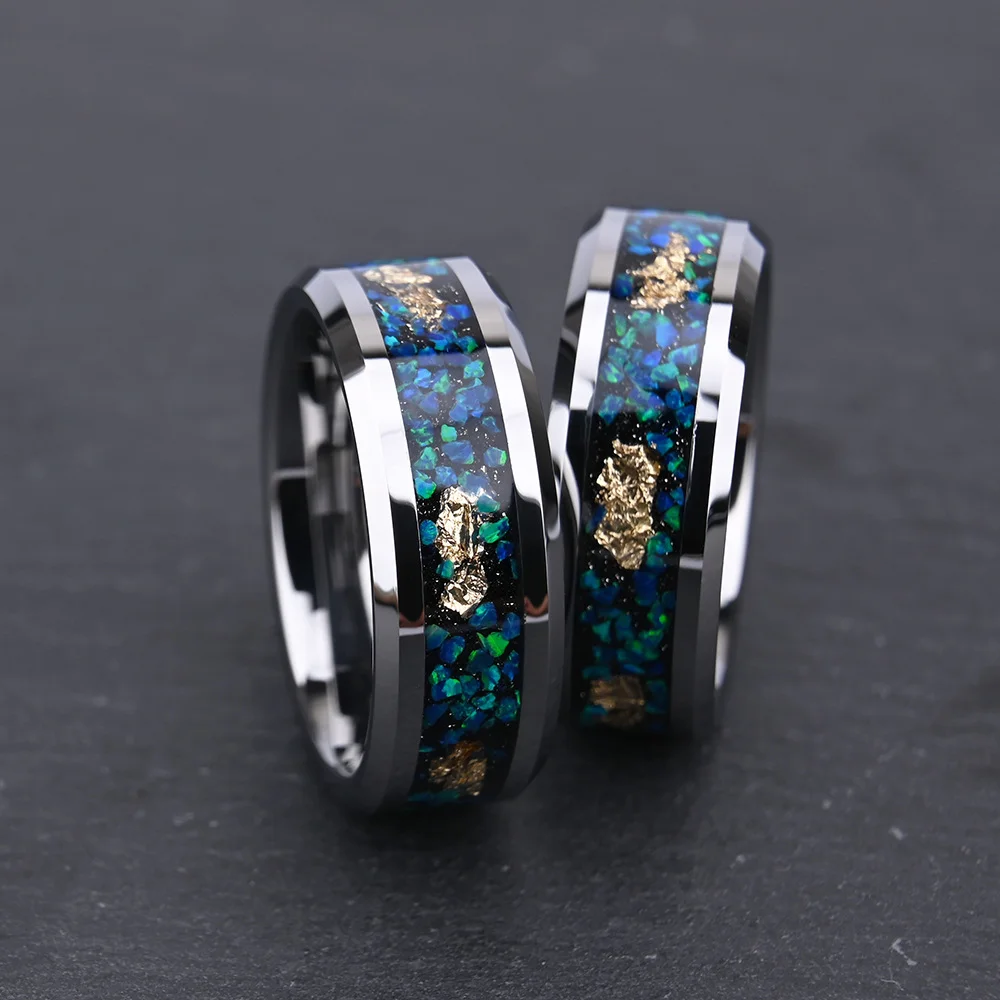 8MM Mens Women Flat Beveled Tungsten Rings Blue Opal and Gold Foil Wedding Bands