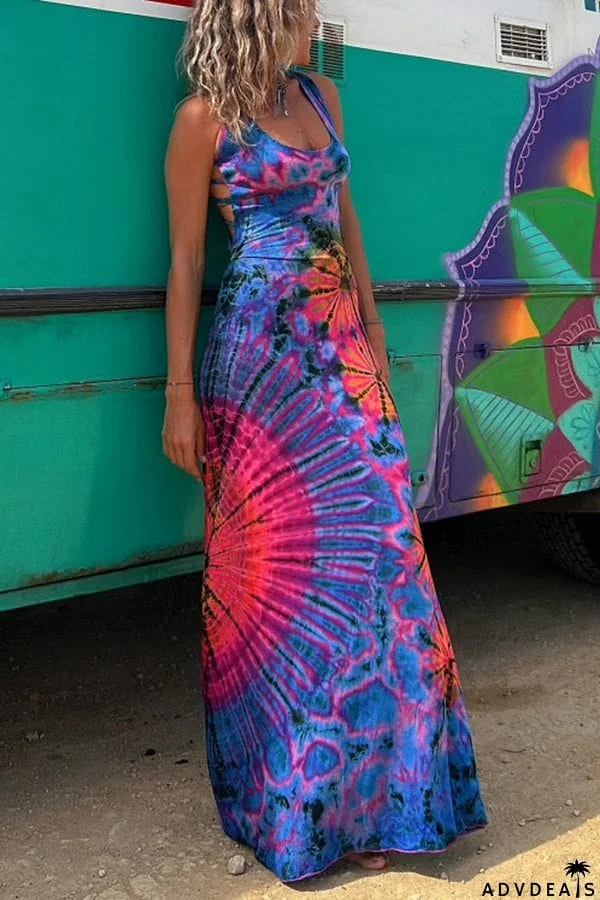 La Bamba Tie-dye Print Back Lace-up Stretch Maxi Dress