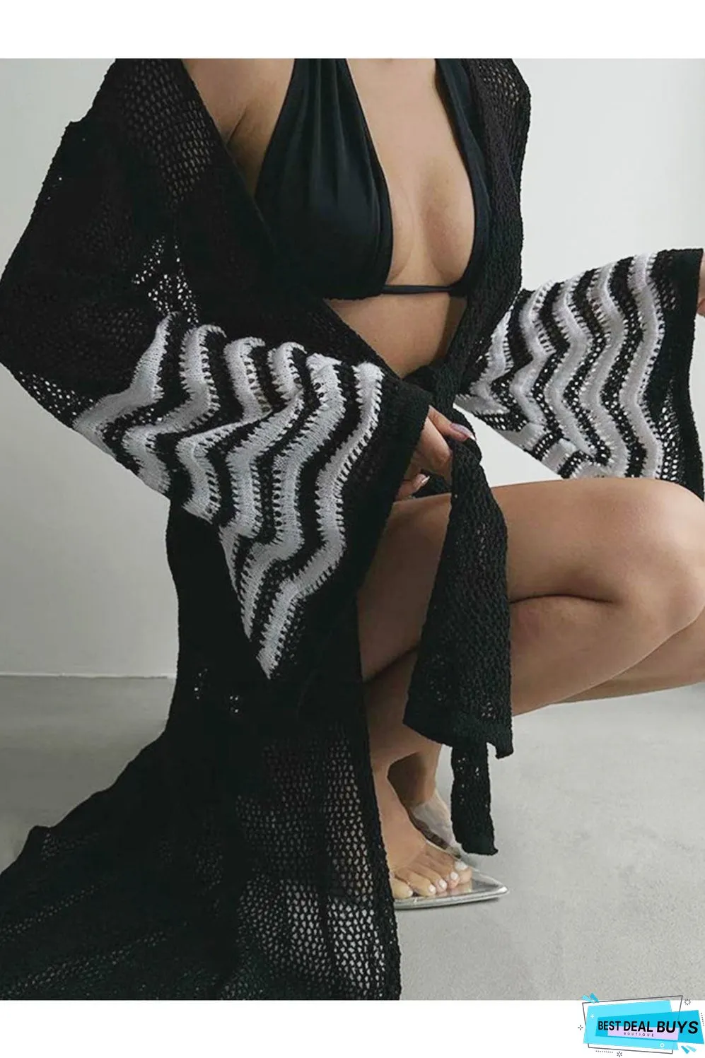 Openwork Striped Flare Sleeve Cover-Up