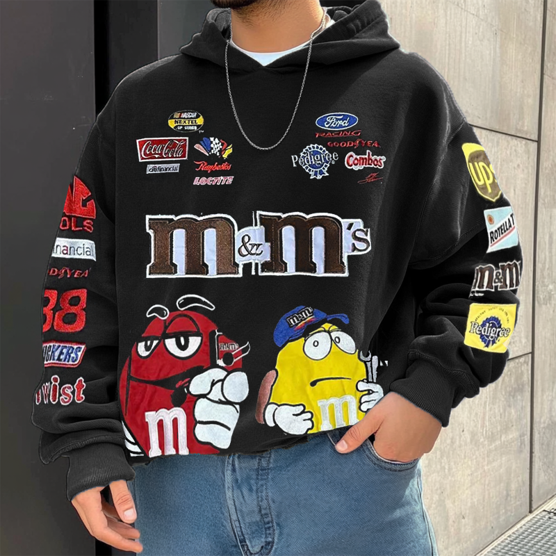 Unisex Retro Racing M&M Print Army Green Oversized Hoodie
