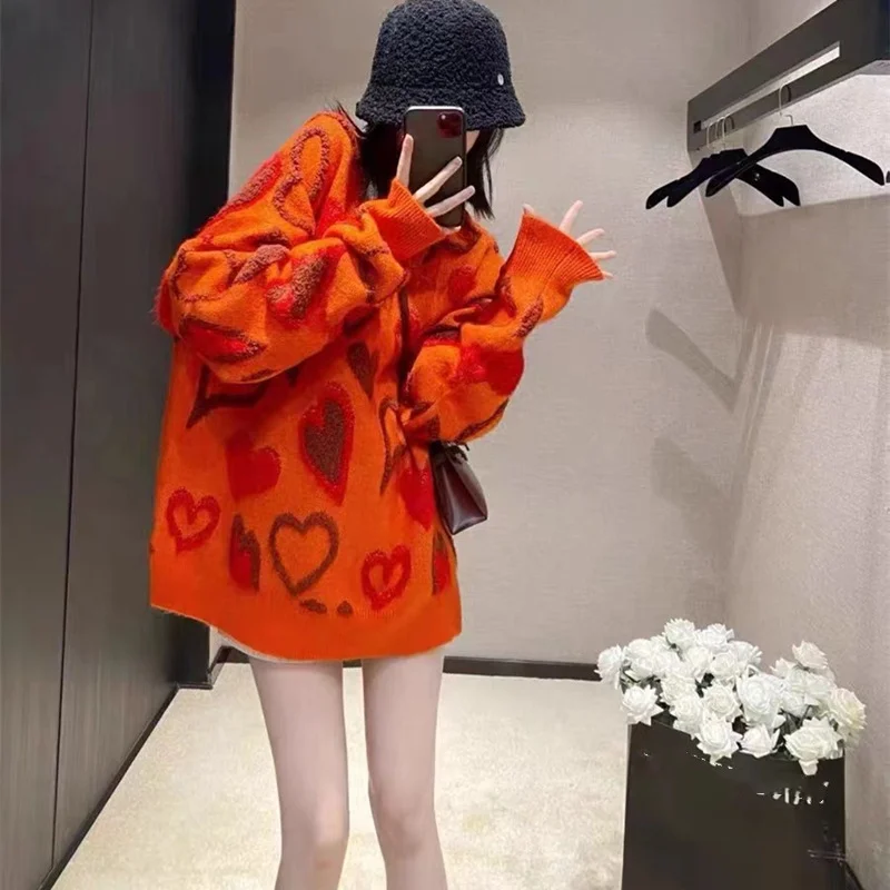 Toloer Toloer Quality New Embroidered Letters Love Peach Heart Jacquard Sweater Retro Loose Casual Men And Women's Sweater Trend-Outfit Ideas