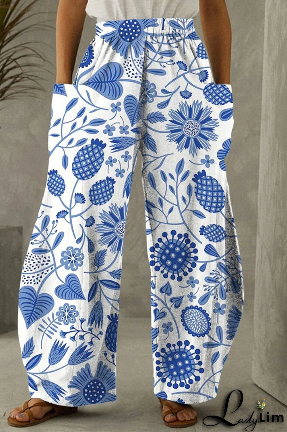 Blue White Fashion Casual Print Split Joint Pocket Regular High Waist Trousers
