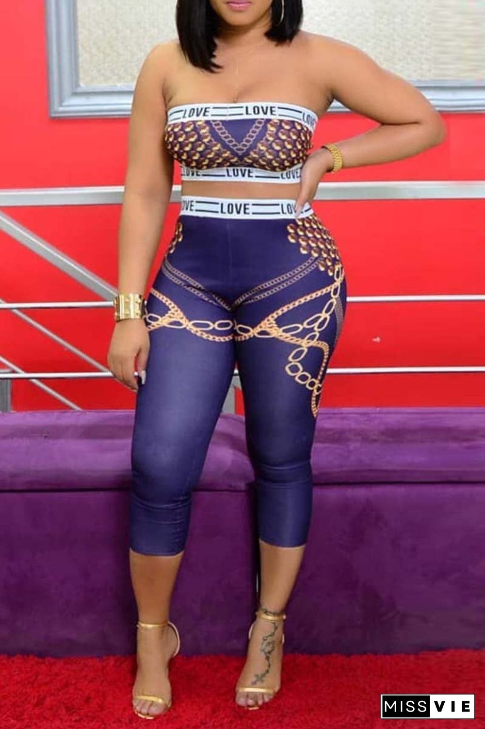 Fashion Sexy Print Backless Strapless Sleeveless Two Pieces