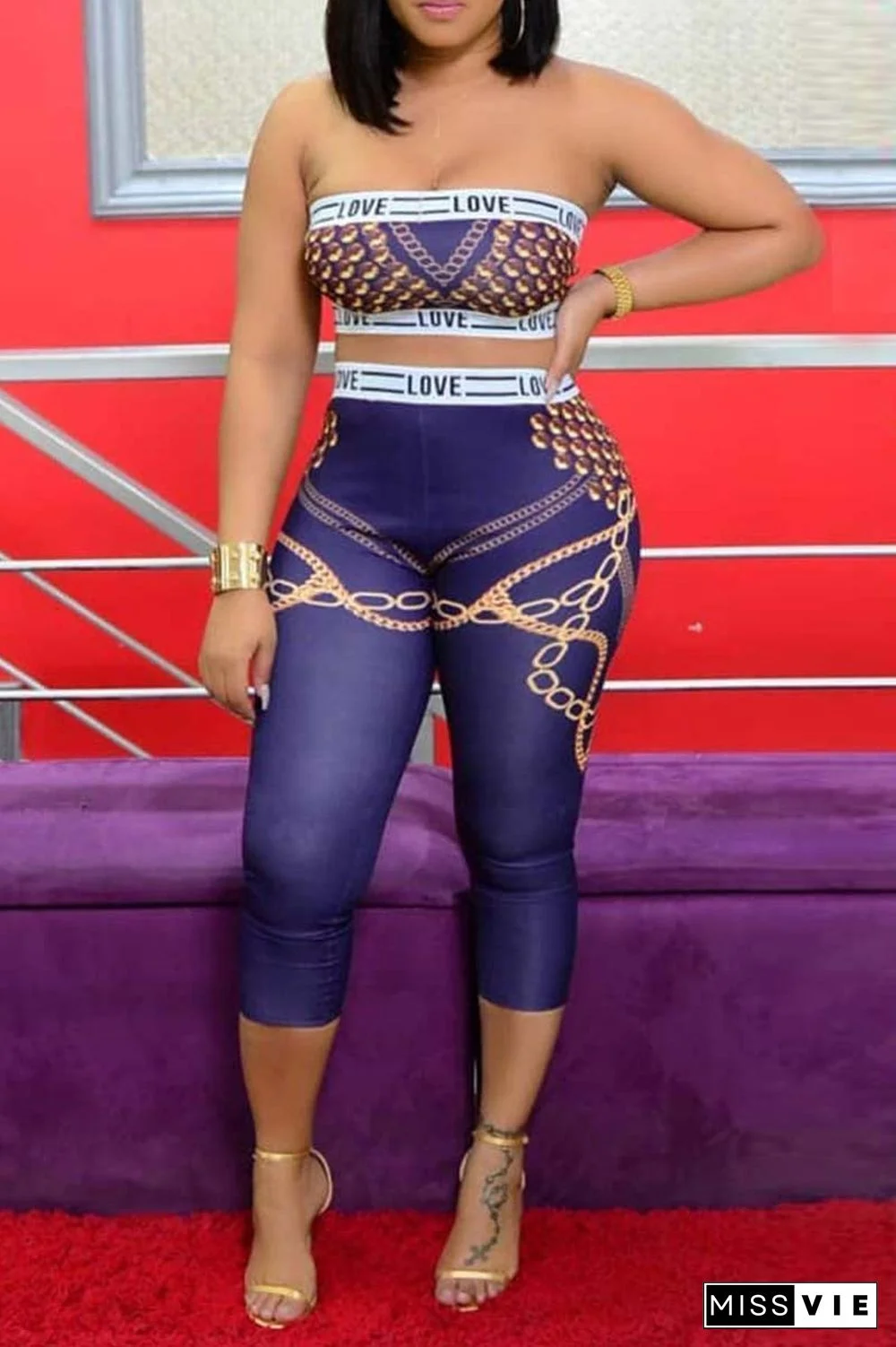 Fashion Sexy Print Backless Strapless Sleeveless Two Pieces