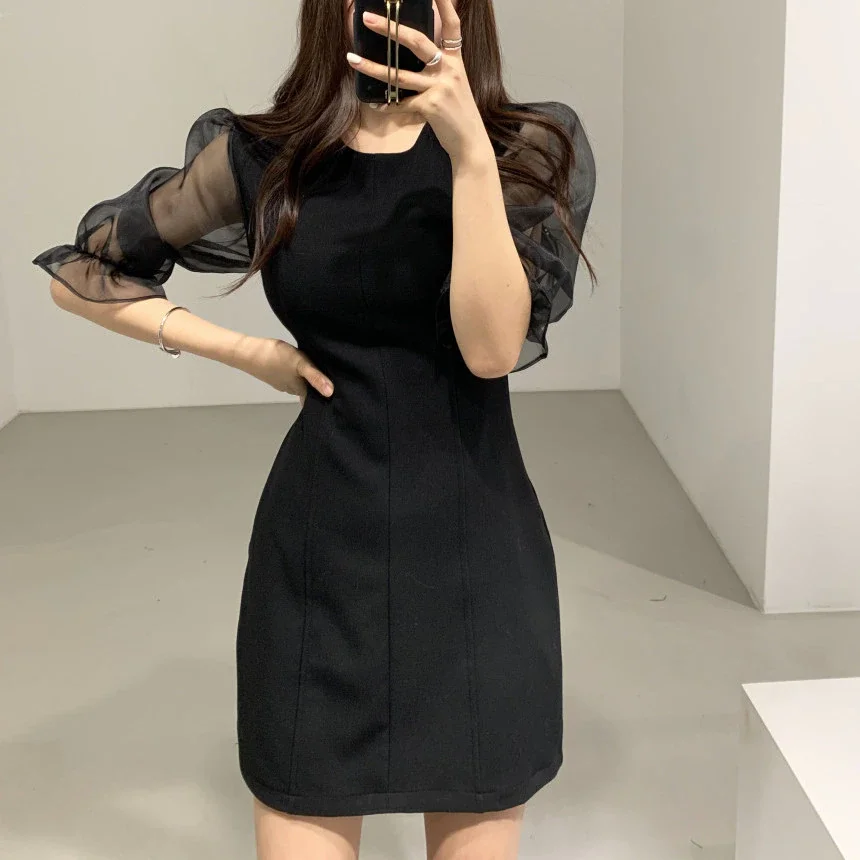 Jangj New 2021 Spring Vintage Elegant Women Mini Dress Wild Mesh Splicing Woolen Dress Female Solid High Waist Party Dress Office Lady