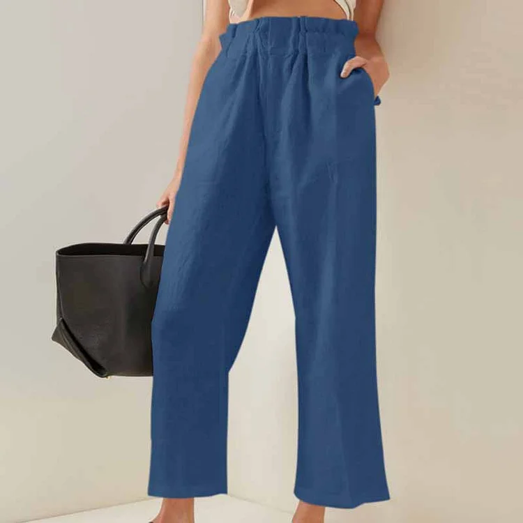 Vintage Plain Pocket Texture Elastic Waist Loose Pant