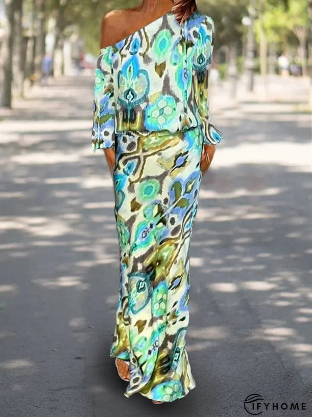 Two Piece Dress Set Casual Dress Sheath Dress Outdoor Daily Fashion Streetwear Print Maxi Dress One Shoulder Long Sleeve Graphic Abstract Loose Fit Red Royal Blue Sky Blue Summer Spring S M L for Women | IFYHOME