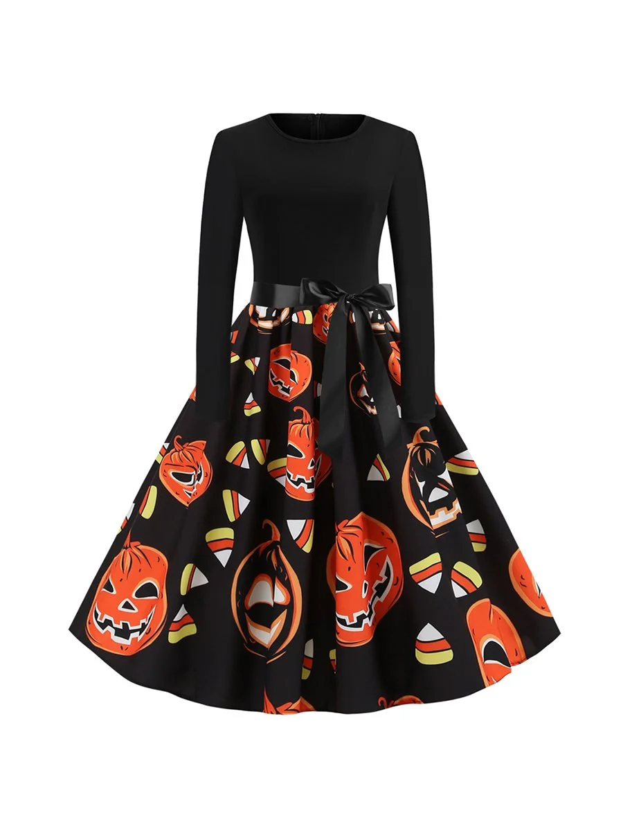 Halloween Round Neck Long Sleeve Orange Pumpkin Head Dress