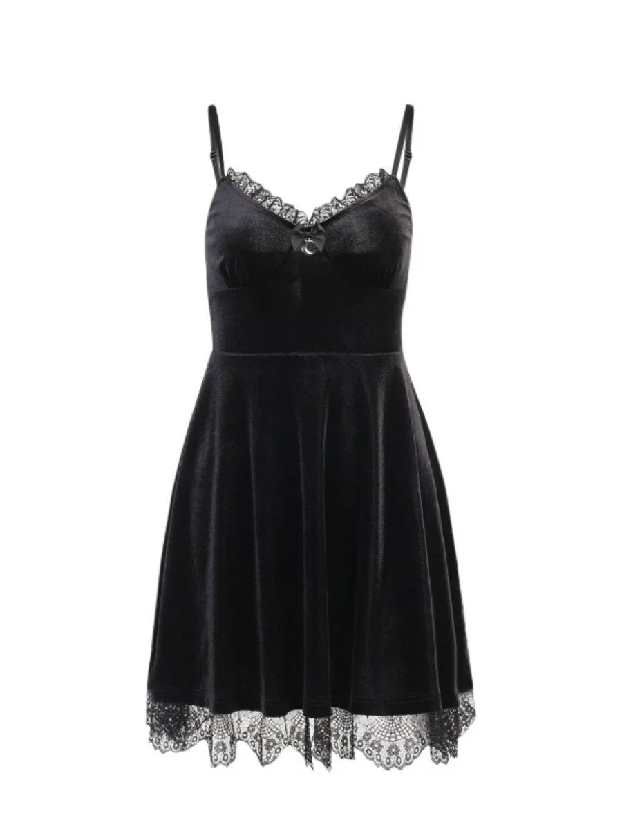 Black Lace Dress For Women Sling Halter Mini A-line Dress