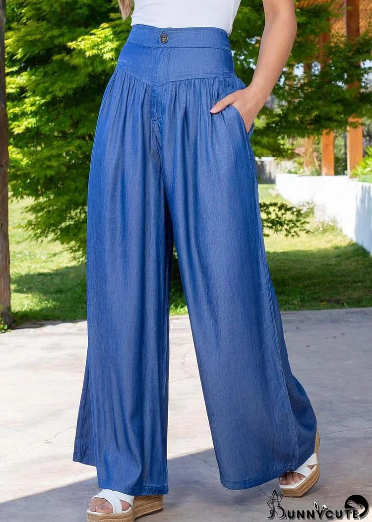 Plus Size Blue High Waist Patchwork Wrinkled Denim Wide Leg Pants Summer