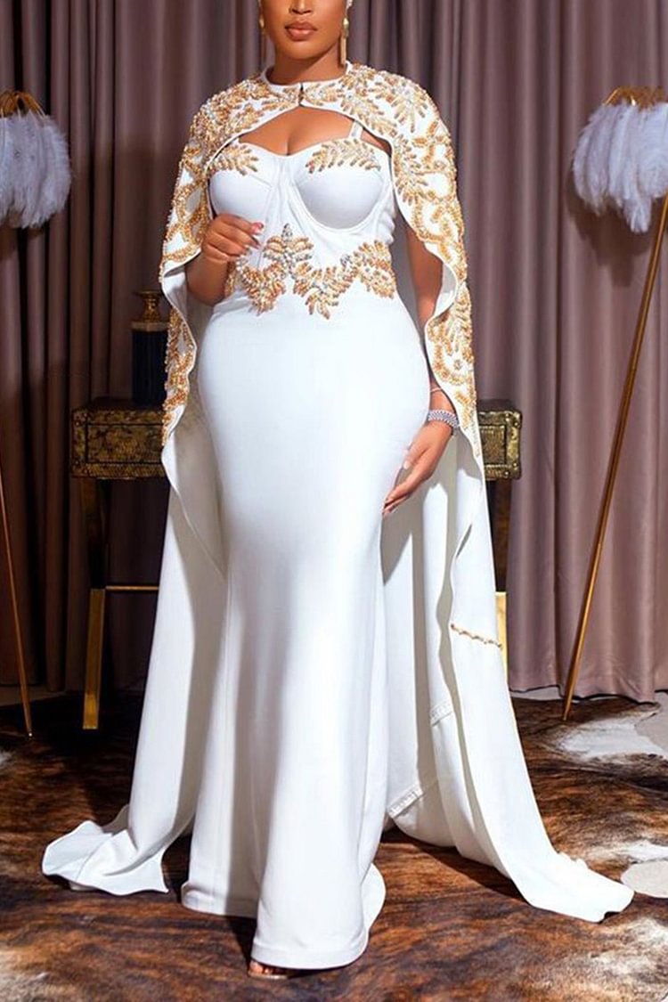 Xpluswear Plus Size Formal Elegant Cloak-style White Embroidery Maxi Dress Set