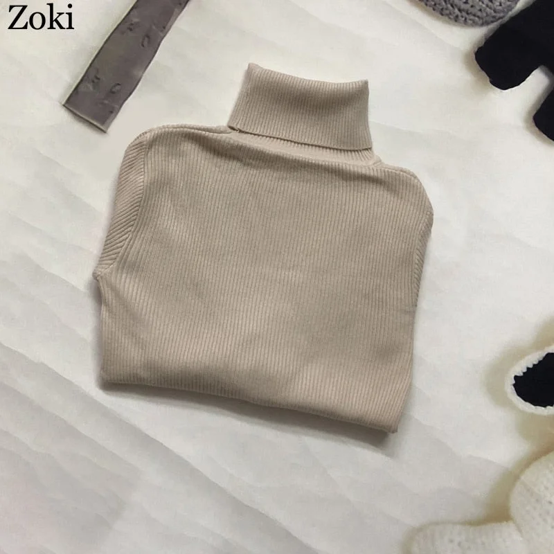 Zoki Soft Women Turtleneck Sweater Autumn Long Sleeve Elastic Female Knitted Jumper Casual Pullover Slim Winter Basic Tops 2021