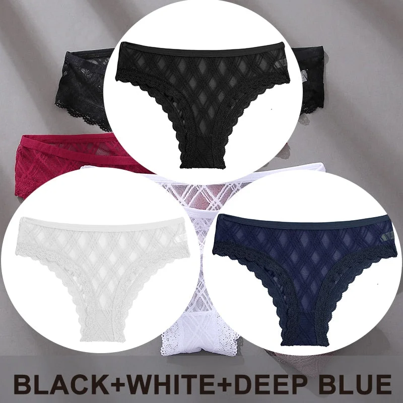 FINETOO 3PCS/Set Women's Panties Sexy Lace Lingerie Temptation Underwear Briefs Pespective Woman Thongs Mesh Underpants Female