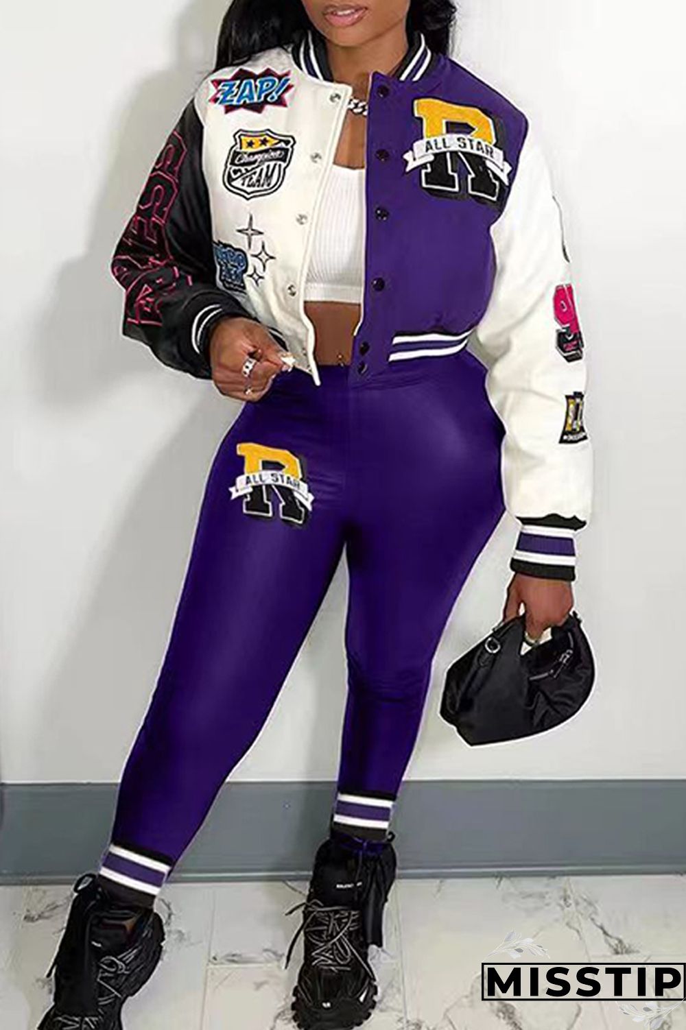 Green Casual Letter Print Patchwork Cardigan O Neck Long Sleeve Two Pieces