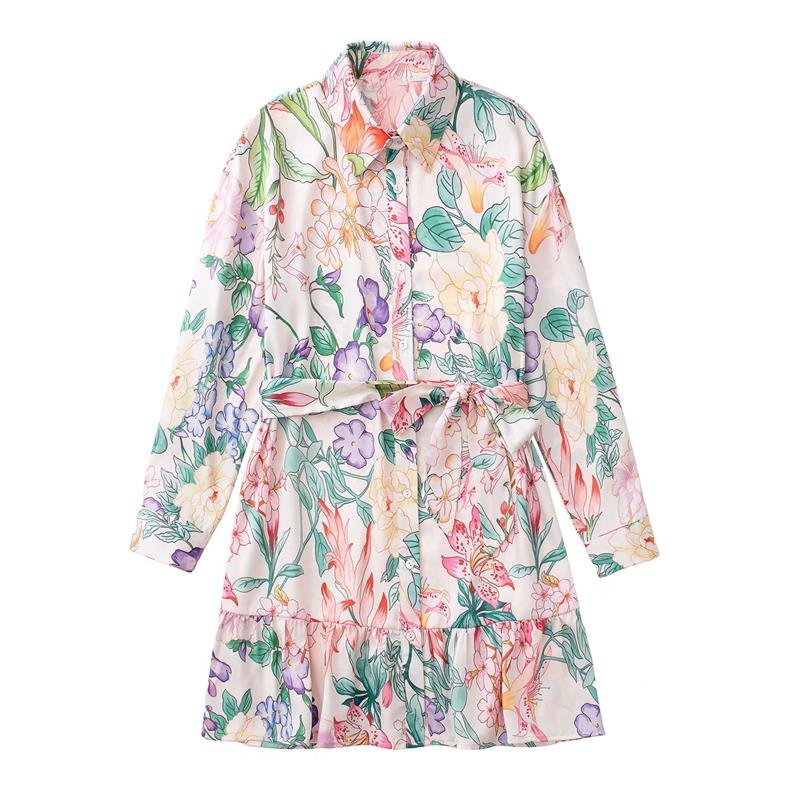 TFMLN New Women Print Dresses With Belt 2022 Elegant Party Vestir Long Sleeve Female Causal A-line Loose Outfit