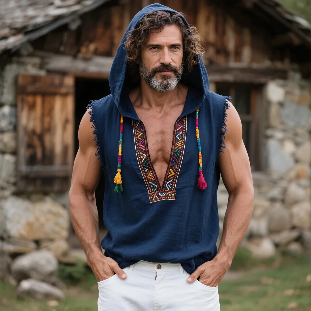  Bohemian Sleeveless Hoodie with Embroidered Details for Men-inspireuse