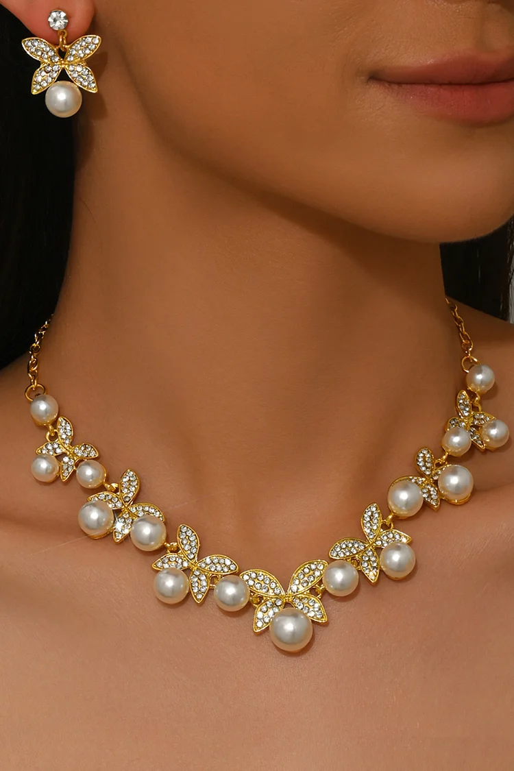 Wedding Rhinestone Butterfly Shaped Pearl Beads Earrings Necklace Jewelry Set 2024 - Xpluswear